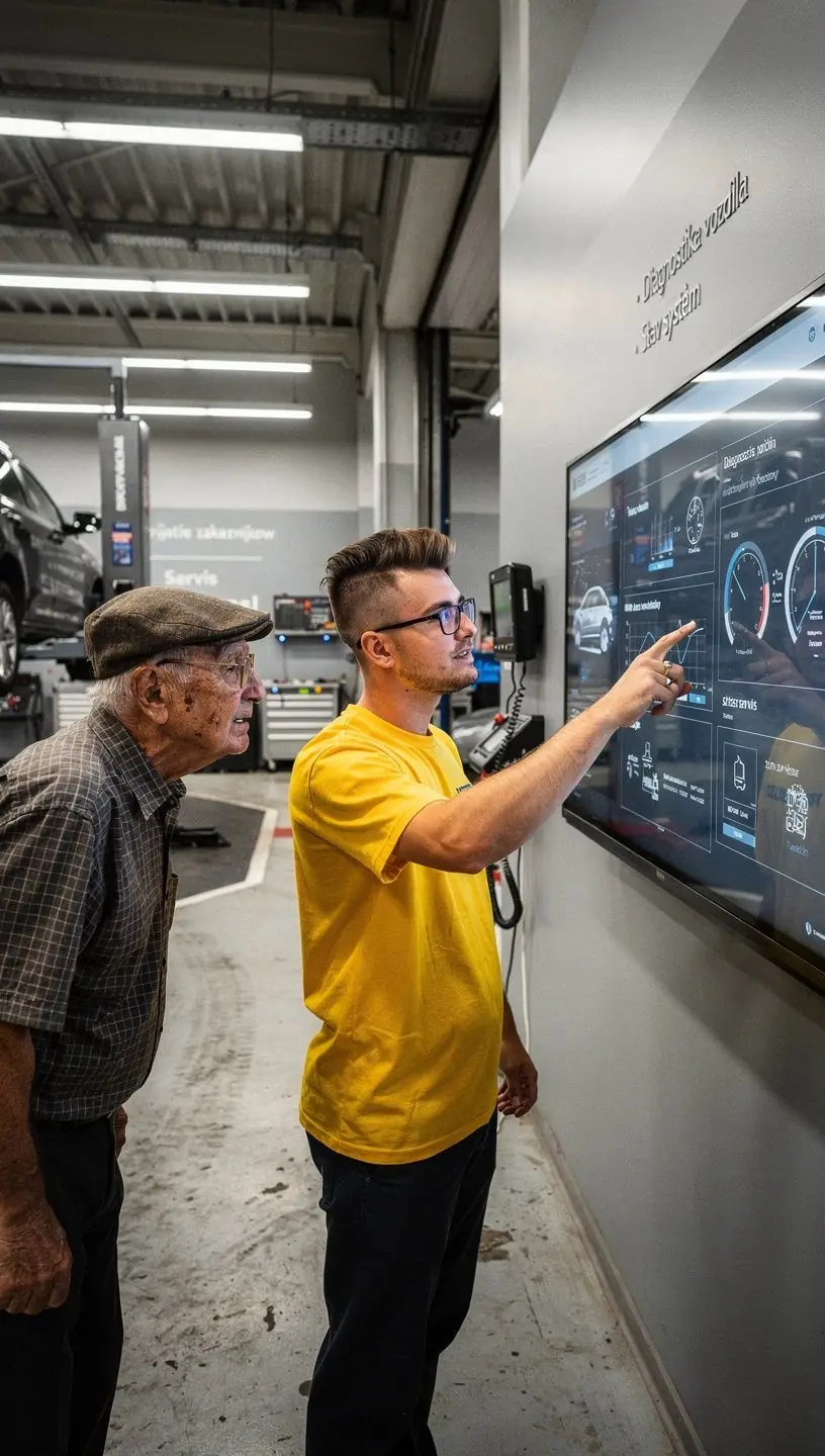 Zamestnanec autoservisu zapisuje do počítača orientačný rozpočet opravy na základe diagnostiky.